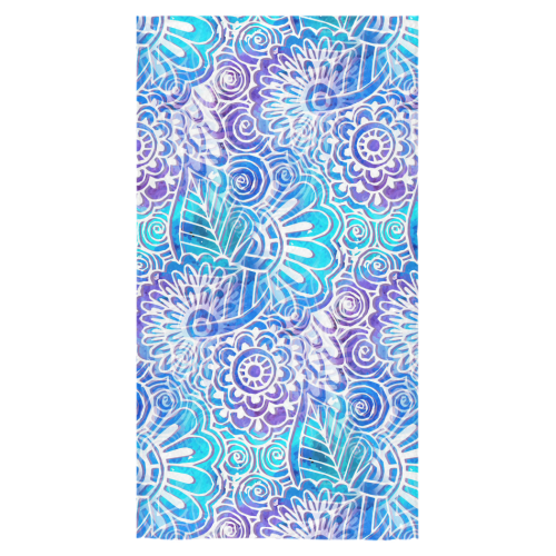 Boho Flower Doodle On Blue Watercolor Bath Towel 30"x56"