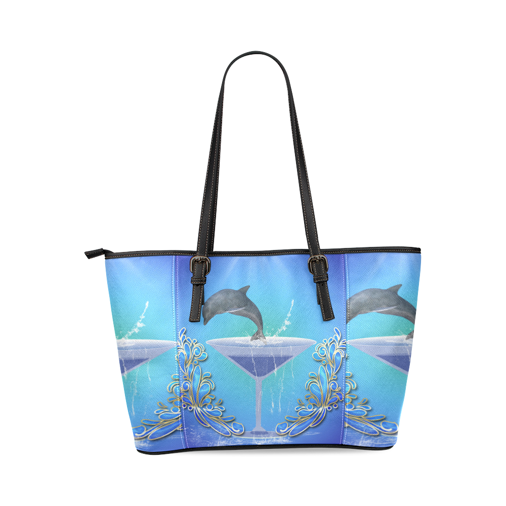 Cute dolphin Leather Tote Bag/Small (Model 1640)