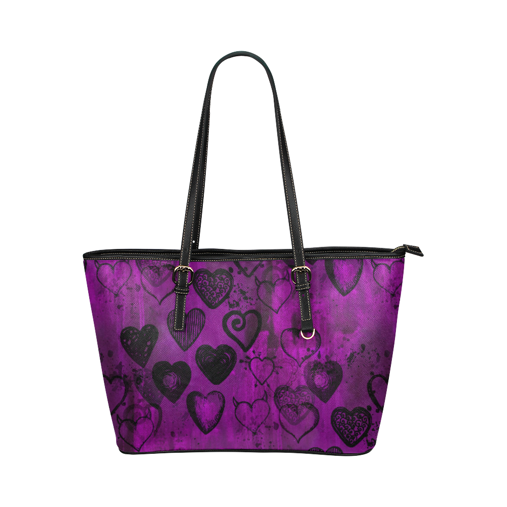 Grunge Purple Hearts Leather Tote Bag/Large (Model 1651)