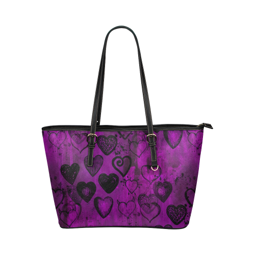 Grunge Purple Hearts Leather Tote Bag/Large (Model 1651)