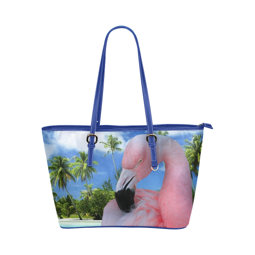 Flamingo and Beach Leather Tote Bag/Large (Model 1651)