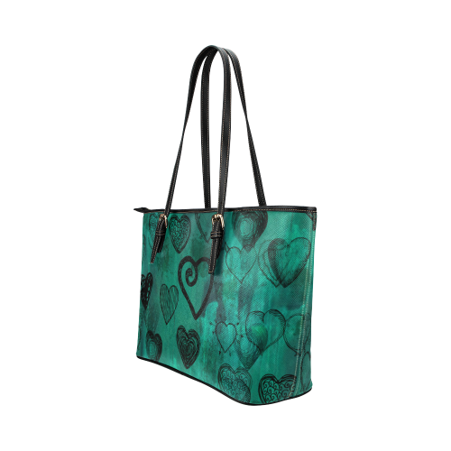 Turquoise Hearts Leather Tote Bag/Large (Model 1651)