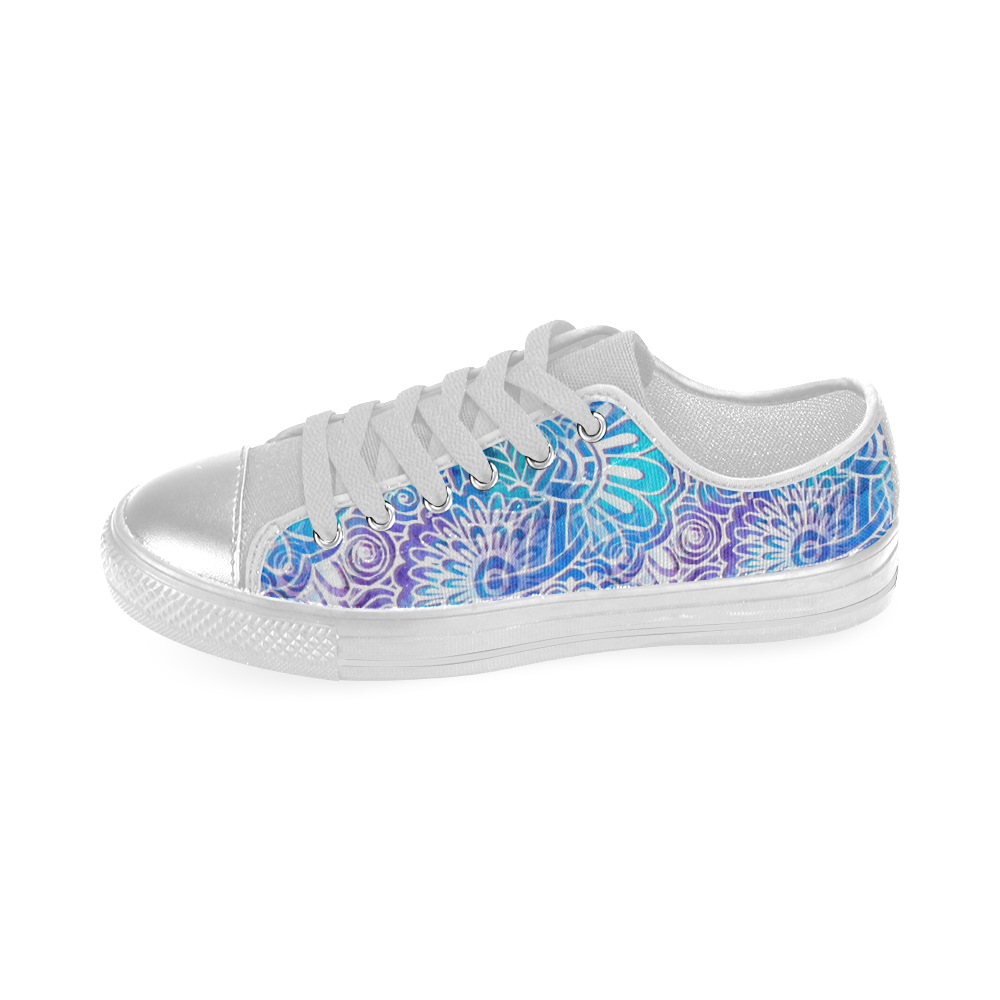 Boho Flower Doodle On Blue Watercolor Women's Classic Canvas Shoes (Model 018)