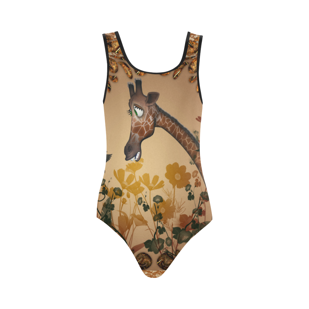 Sweet giraffe with bird Vest One Piece Swimsuit (Model S04)