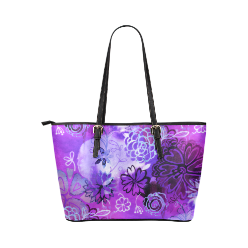 Urban Purple Flowers Leather Tote Bag/Small (Model 1651)