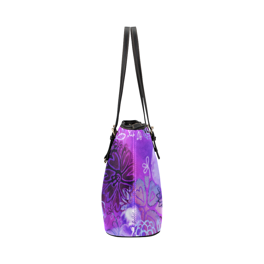 Urban Purple Flowers Leather Tote Bag/Small (Model 1651)