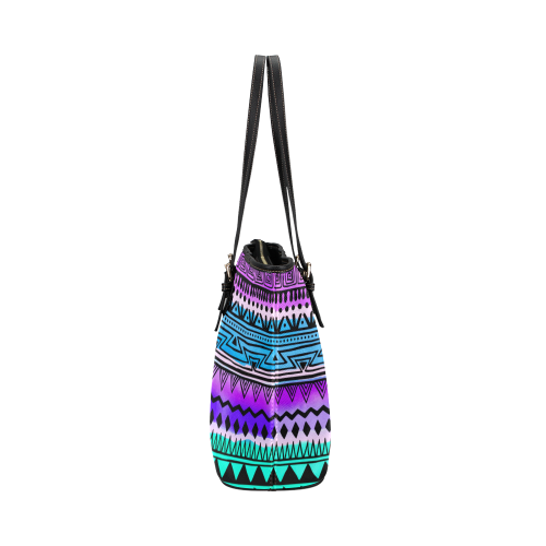 Purple and Teal Tribal Pattern Leather Tote Bag/Large (Model 1651)
