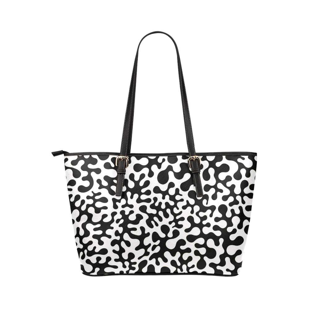Black and White Blots Leather Tote Bag/Large (Model 1651)