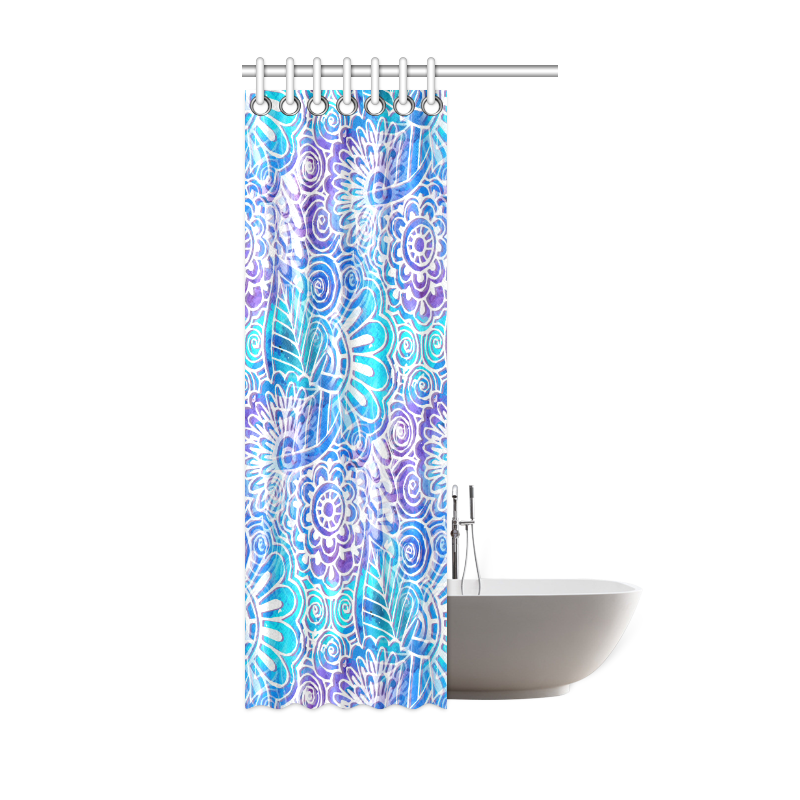 Boho Flower Doodle On Blue Watercolor Shower Curtain 36"x72"