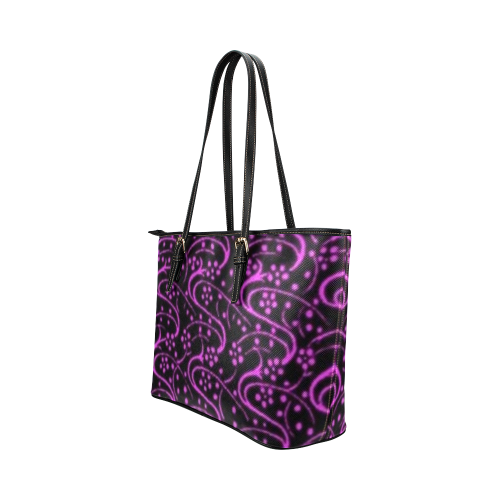 Vintage Floral Purple Amethyst Black Leather Tote Bag/Large (Model 1651)