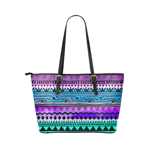Purple and Teal Tribal Pattern Leather Tote Bag/Large (Model 1651)