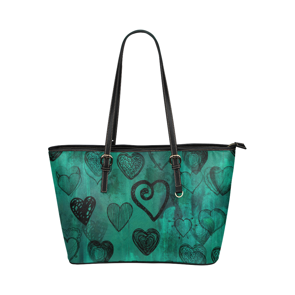 Turquoise Hearts Leather Tote Bag/Large (Model 1651)