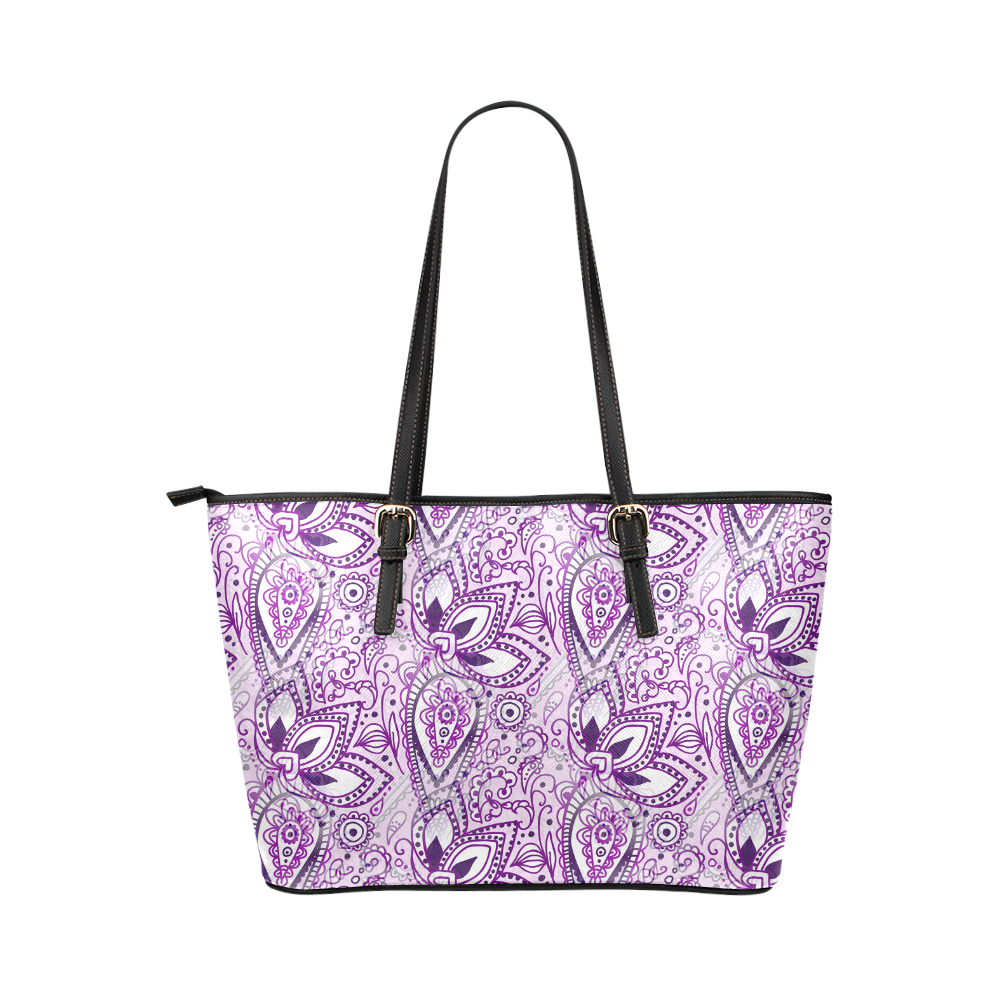 Purple Paisley Doodle Leather Tote Bag/Small (Model 1651)