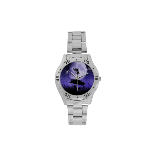 A beautiful fairy dancing on a mushroom silhouette Men's Stainless Steel Analog Watch(Model 108)