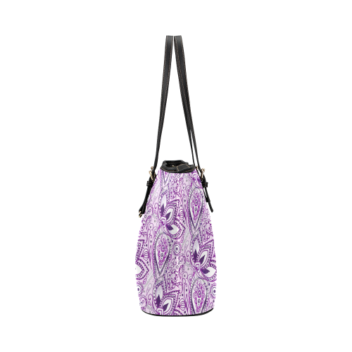 Purple Paisley Doodle Leather Tote Bag/Small (Model 1651)