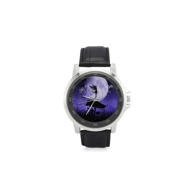 A beautiful fairy dancing on a mushroom silhouette Unisex Stainless Steel Leather Strap Watch(Model 202)