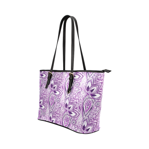 Purple Paisley Doodle Leather Tote Bag/Small (Model 1651)