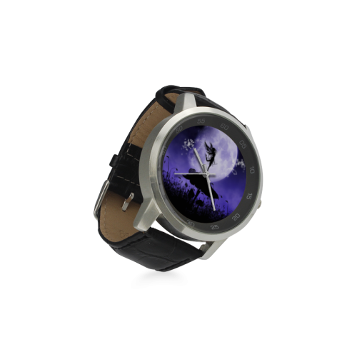 A beautiful fairy dancing on a mushroom silhouette Unisex Stainless Steel Leather Strap Watch(Model 202)