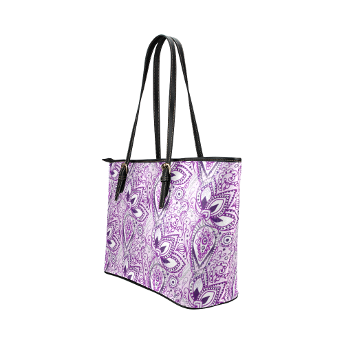 Purple Paisley Doodle Leather Tote Bag/Small (Model 1651)