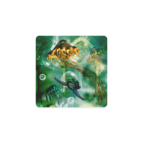 Turtle with jelly fsih Square Coaster