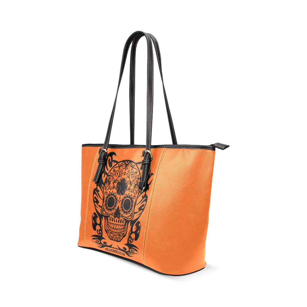 SKULL FLOWERS Leather Tote Bag/Small (Model 1640)