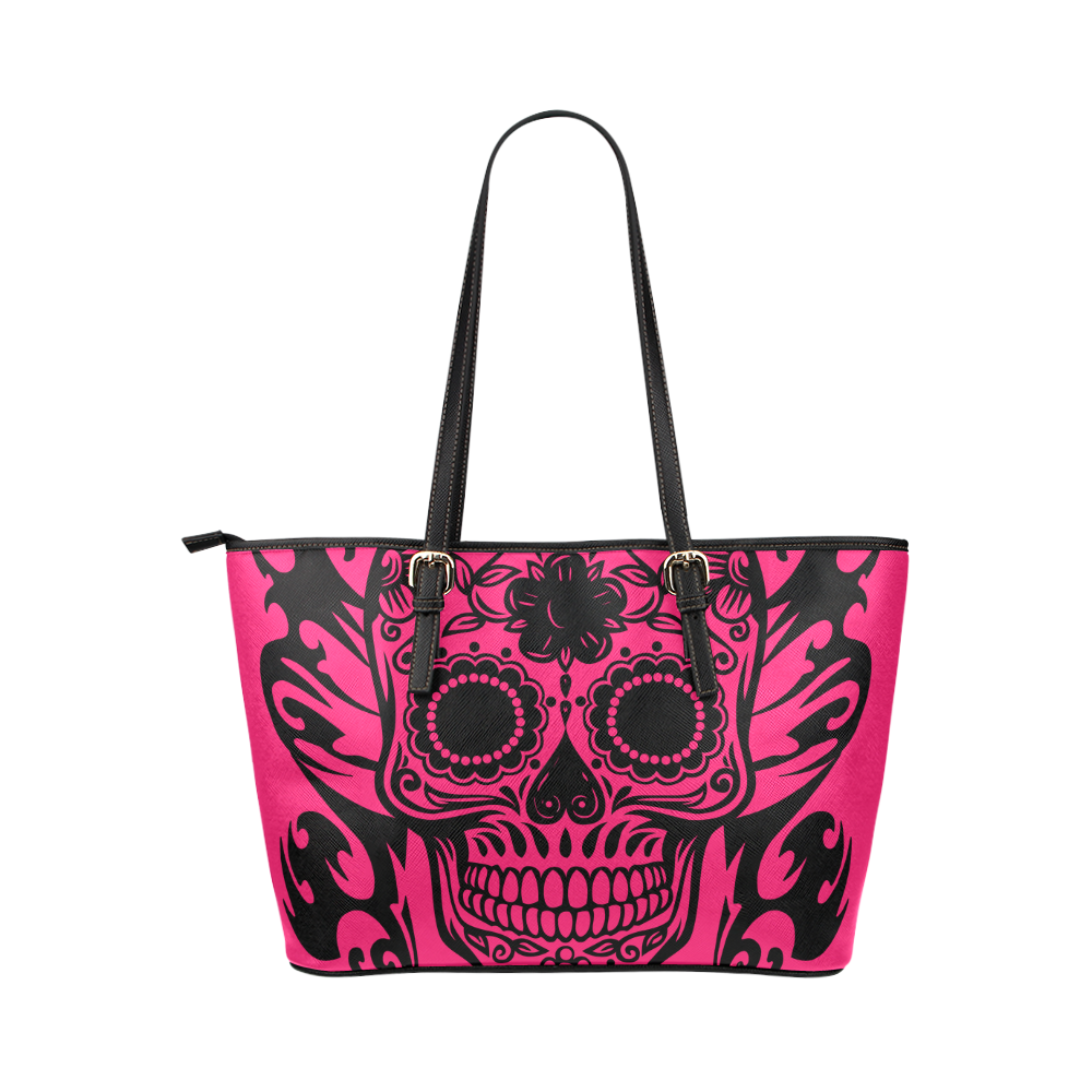 SKULL FLOWERS Leather Tote Bag/Small (Model 1651)