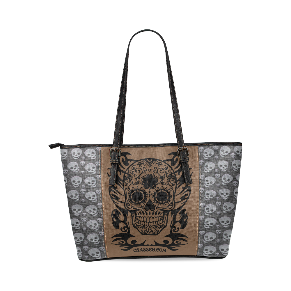 SKULL FLOWERS Leather Tote Bag/Small (Model 1640)