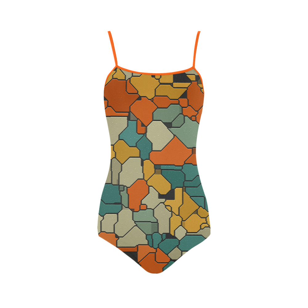 Textured retro shapes Strap Swimsuit ( Model S05)