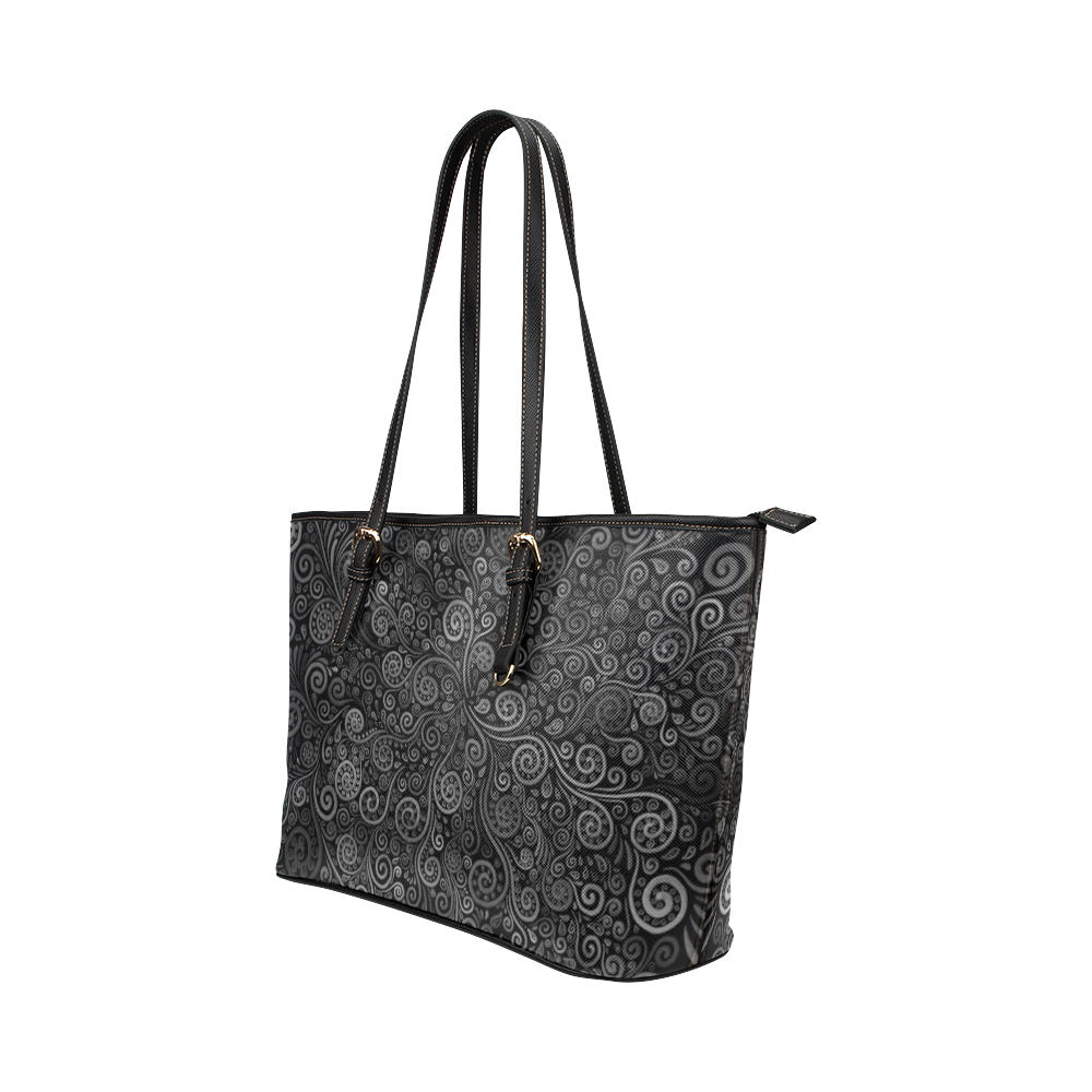 Black and White Rose Leather Tote Bag/Large (Model 1651)