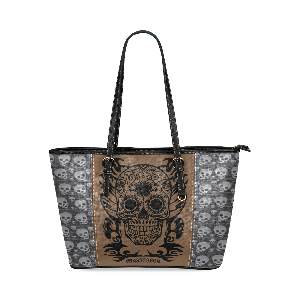 SKULL FLOWERS Leather Tote Bag/Small (Model 1640)