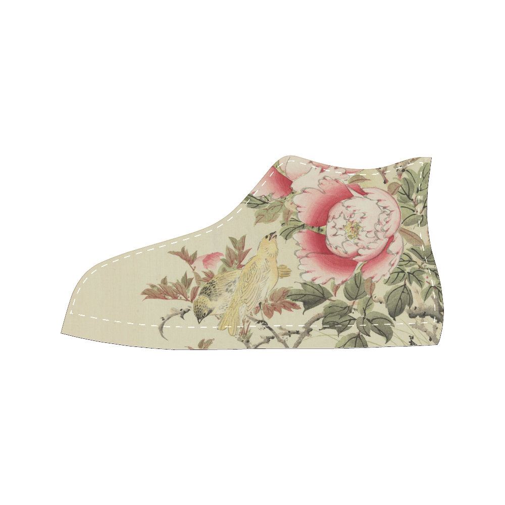 Peony flowers & Birds, japanese woodcut print, Women's Classic High Top Canvas Shoes (Model 017)