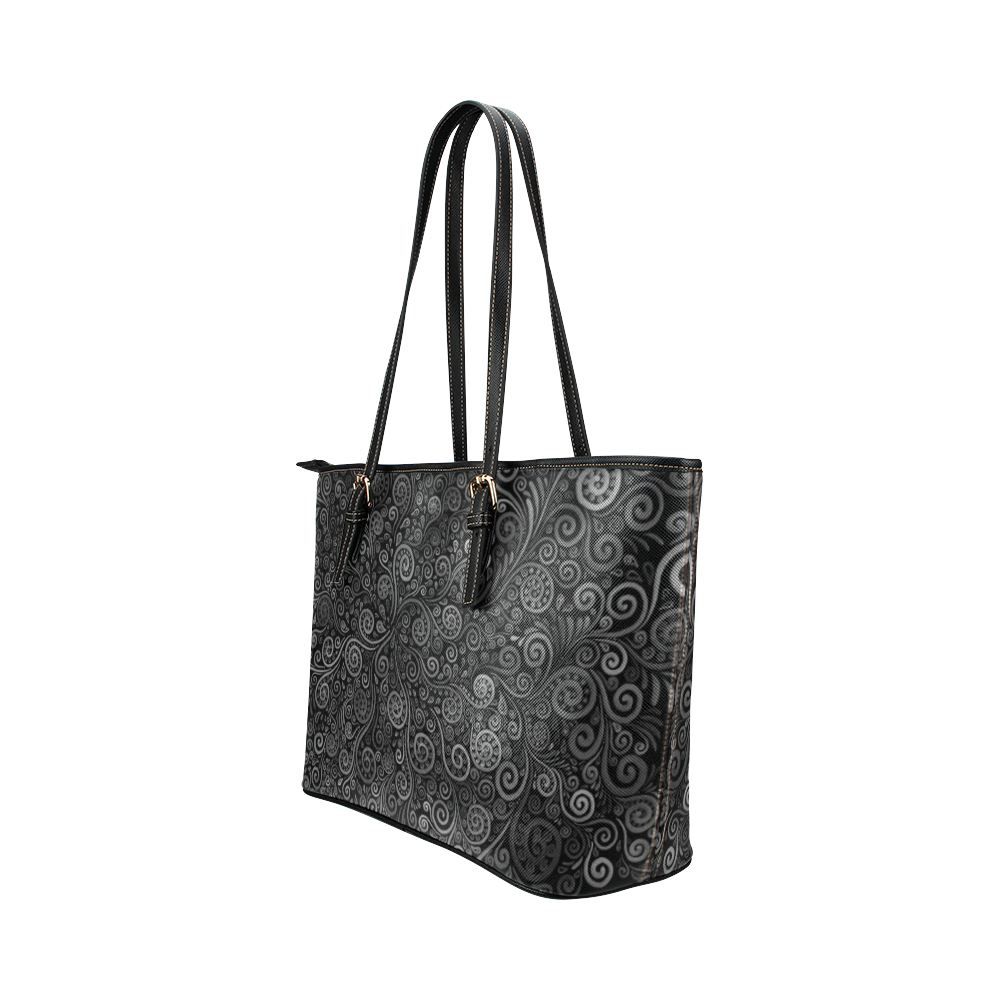 Black and White Rose Leather Tote Bag/Large (Model 1651)