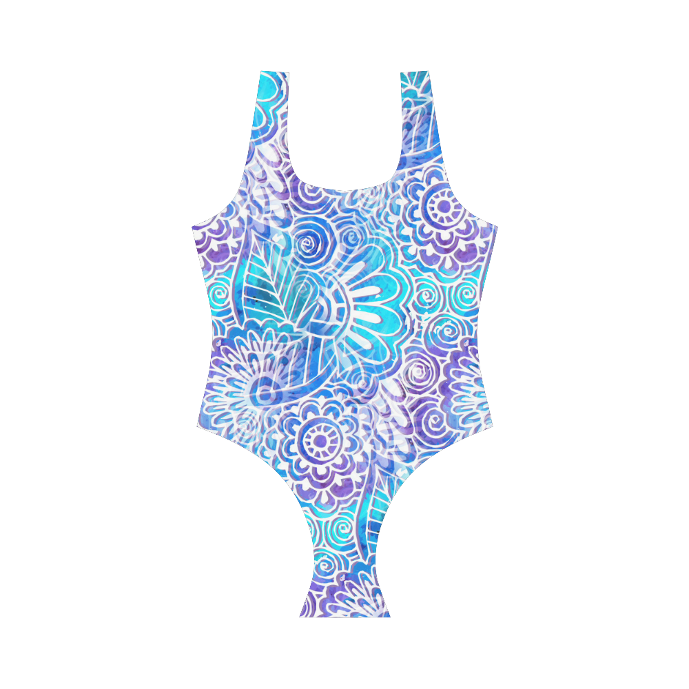 Boho Flower Doodle On Blue Watercolor Vest One Piece Swimsuit (Model S04)