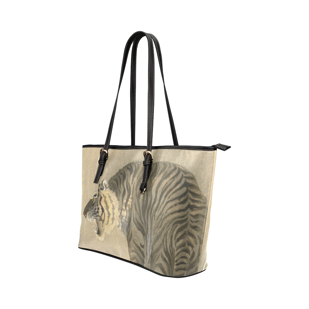 Roaring Tiger, Japanese woodcut by Ohara Koson Leather Tote Bag/Small (Model 1651)