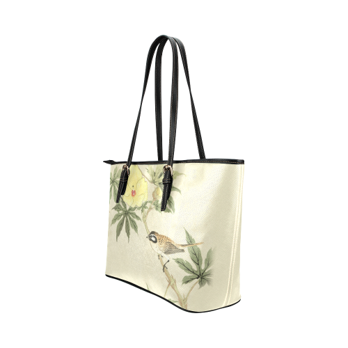 Bird with yellow flowers, oriental Woodcut Print Leather Tote Bag/Large (Model 1651)
