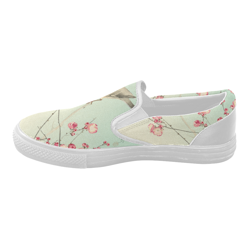 Oriental Bird pink blossom, Japanese woodcut print Women's Slip-on Canvas Shoes (Model 019)