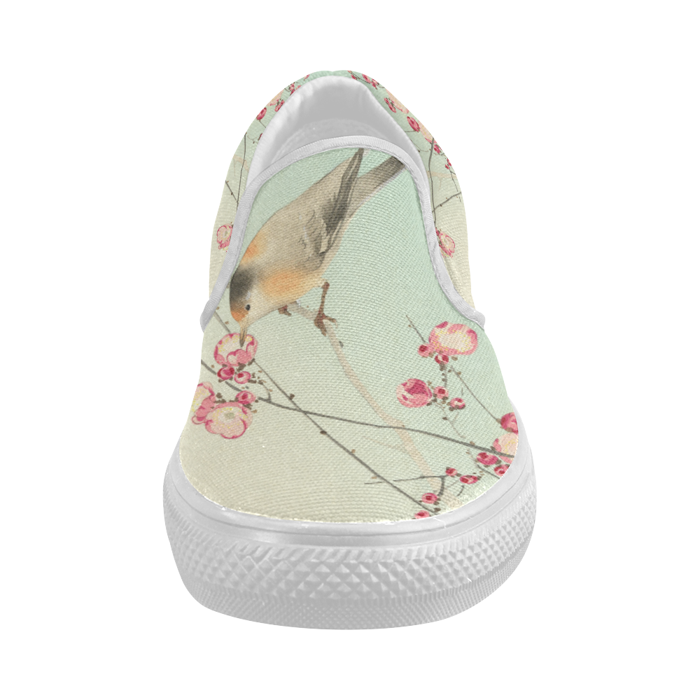 Oriental Bird pink blossom, Japanese woodcut print Women's Slip-on Canvas Shoes (Model 019)