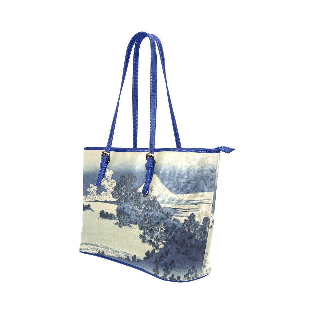 Blue Japanese woodcut scenery Leather Tote Bag/Large (Model 1651)