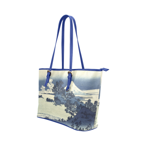 Blue Japanese woodcut scenery Leather Tote Bag/Large (Model 1651)