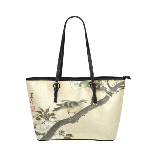 Oriental birds on blossom branch Leather Tote Bag/Large (Model 1651)