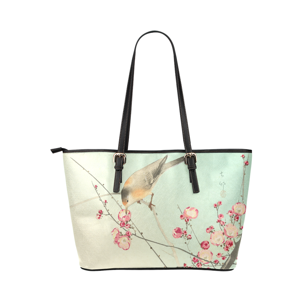 Oriental Bird pink blossom, Japanese woodcut print Leather Tote Bag/Small (Model 1651)