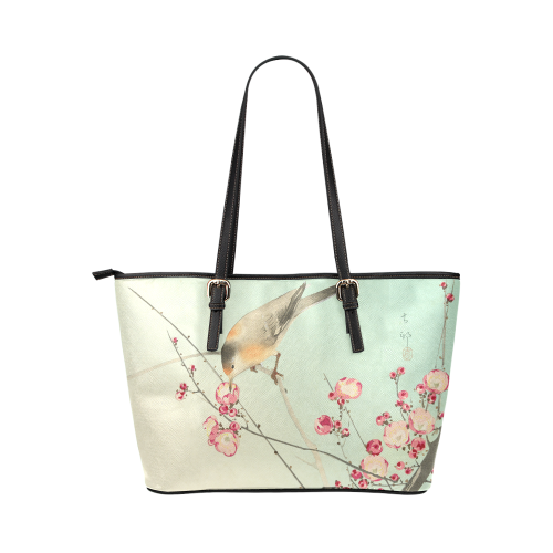 Oriental Bird pink blossom, Japanese woodcut print Leather Tote Bag/Small (Model 1651)