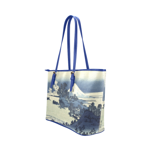Blue Japanese woodcut scenery Leather Tote Bag/Large (Model 1651)