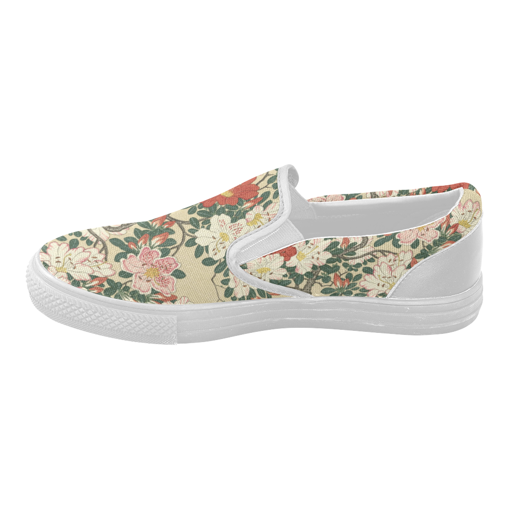 Azalea flowers, Japanese woodcut print, Women's Slip-on Canvas Shoes (Model 019)