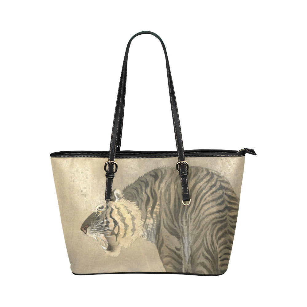 Roaring Tiger, Japanese woodcut by Ohara Koson Leather Tote Bag/Large (Model 1651)