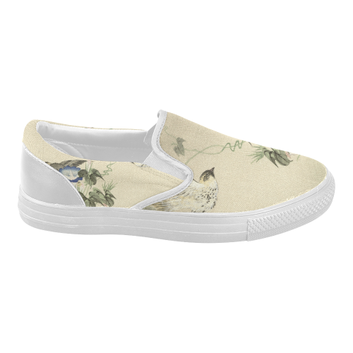 Oriental Birds and blue flowers, Japanese woodcut, Women's Slip-on Canvas Shoes (Model 019)