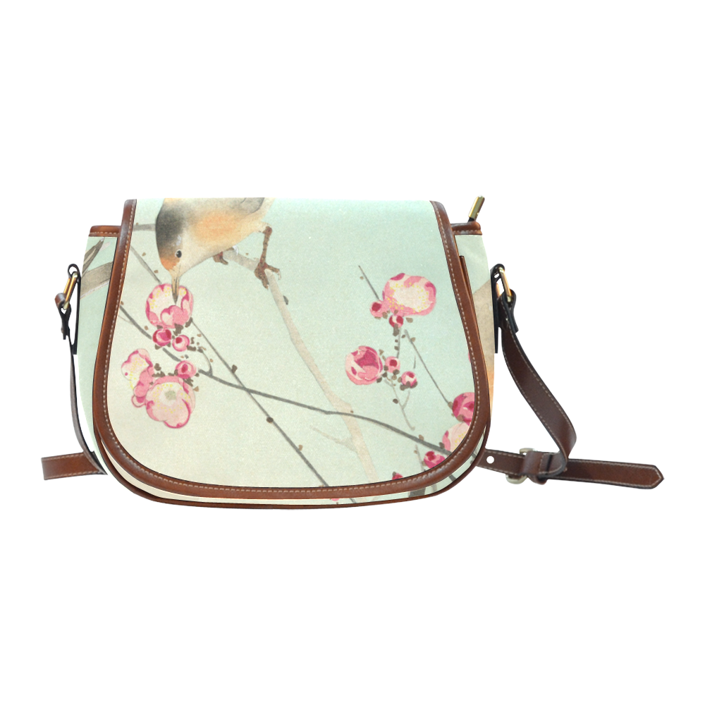 Oriental Bird pink blossom, Japanese woodcut print Saddle Bag/Small (Model 1649) Full Customization