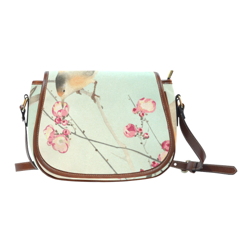 Oriental Bird pink blossom, Japanese woodcut print Saddle Bag/Small (Model 1649) Full Customization