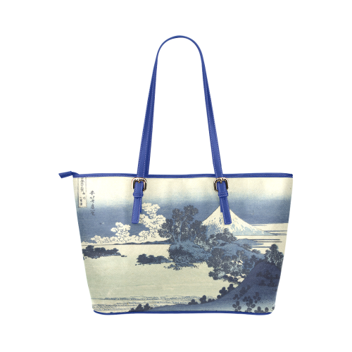 Blue Japanese woodcut scenery Leather Tote Bag/Large (Model 1651)