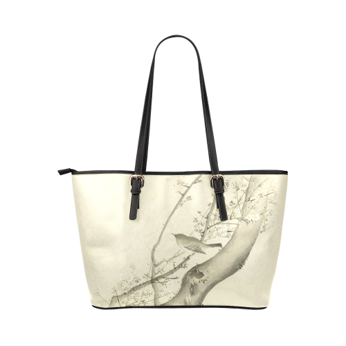 Oriental Bird white blossom, japanese woodcut, Leather Tote Bag/Small (Model 1651)